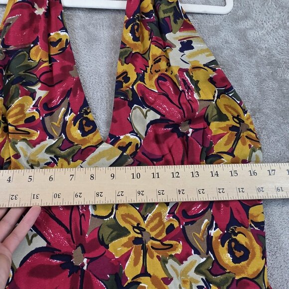 Depeche Mode Dress Womens Size 14 Red Yellow Floral Halter Maxi Rayon Made USA - Picture 6 of 10